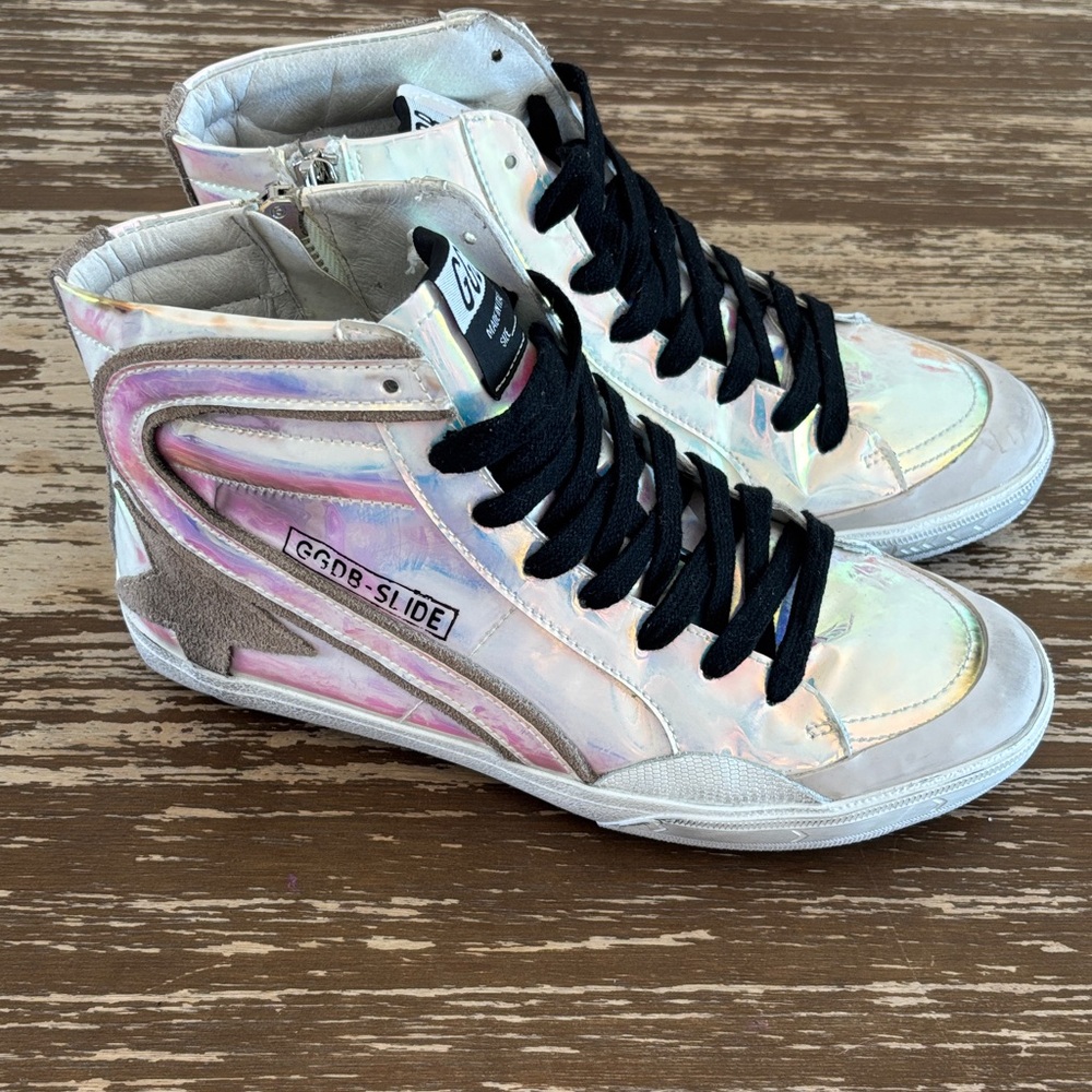 Golden Goose Inspired Holographic High-Top Sneakers with Black Laces
